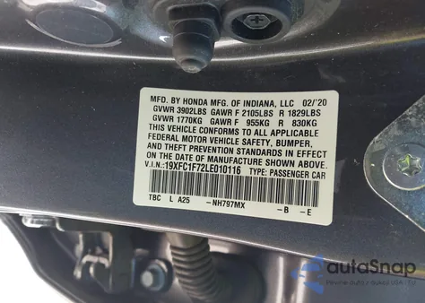 2020 Honda Civic Ex-L z USA, uszkodzony, nr VIN 19XFC1F72LE010116